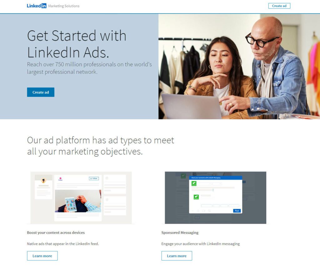 The starting page for LinkedIn Advertising, with buttons to create an ad.
