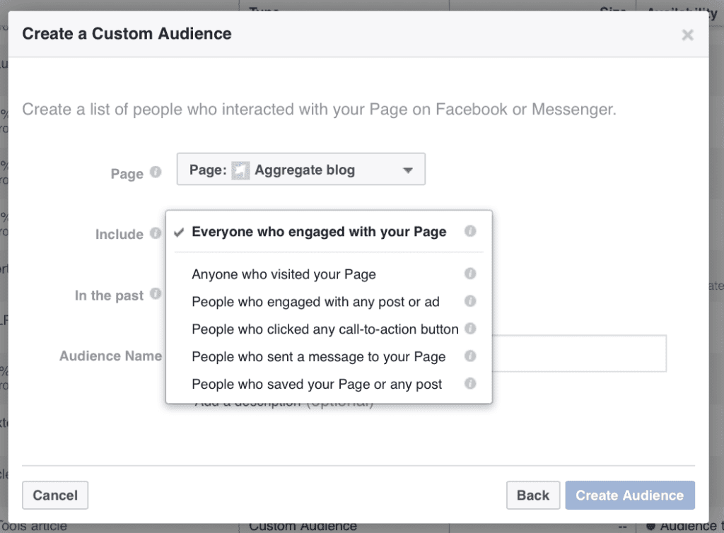 Menu showing options to create a custom audience using their Facebook engagement.