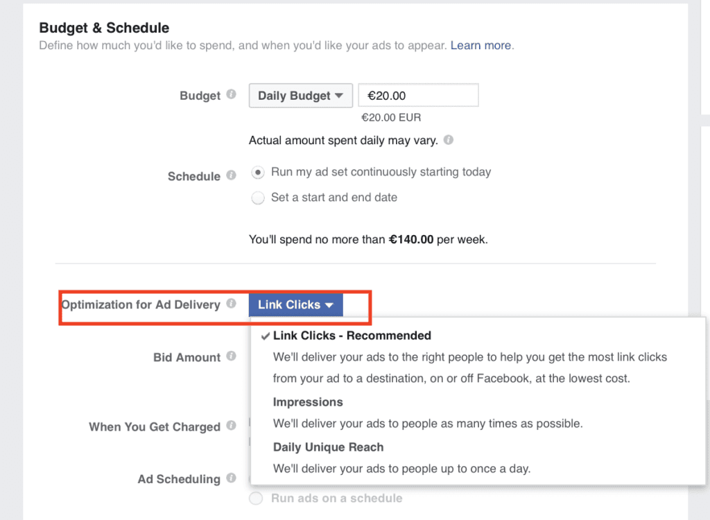 Budget and Schedule screen showing dropdown menu with Optimization for Ad Delivery options.