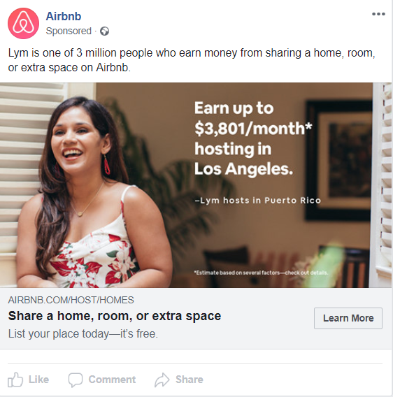 Airbnb ad showing a laughing woman standing at the door of a dining room.
