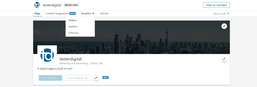A sample LinkedIn company page and a dropdown menu for Analytics.