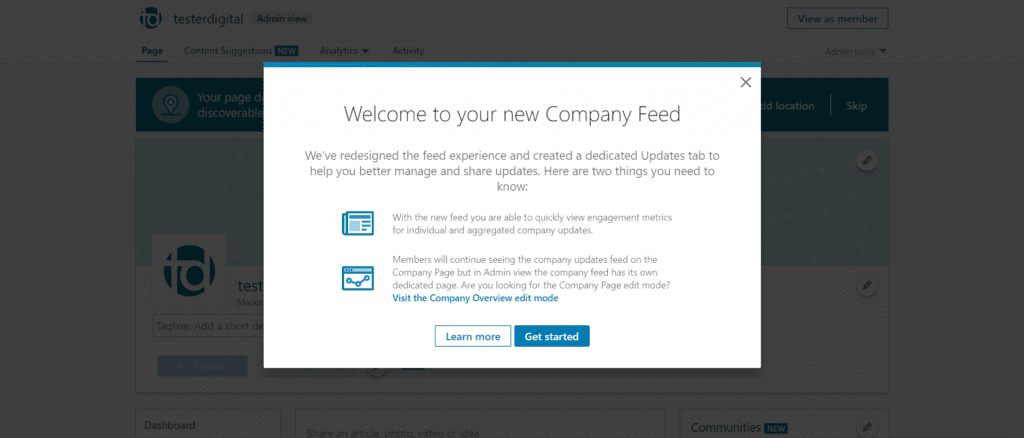 Screen shot of a web page welcoming you to your new company feed.