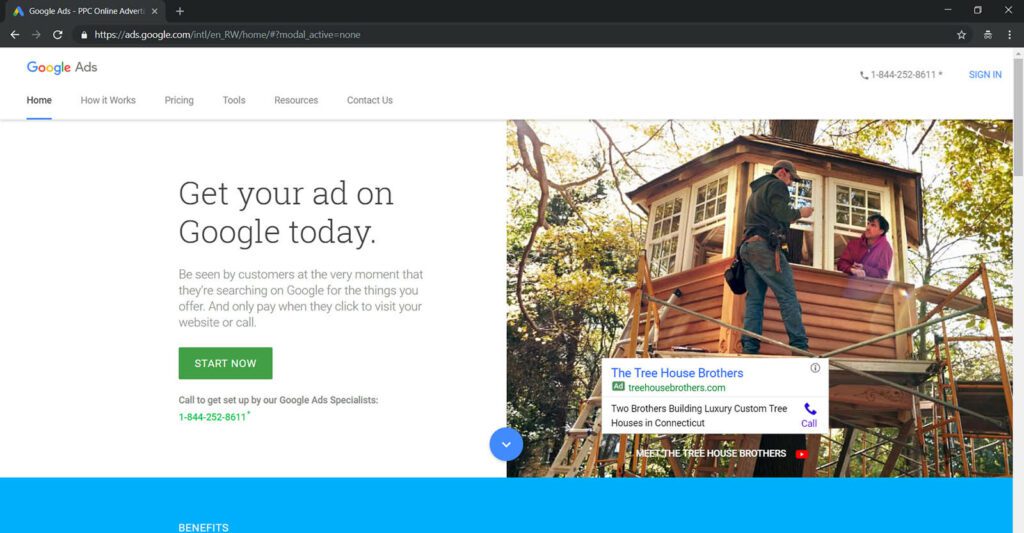 Google ads welcome screen featuring the 'Start Now' button.