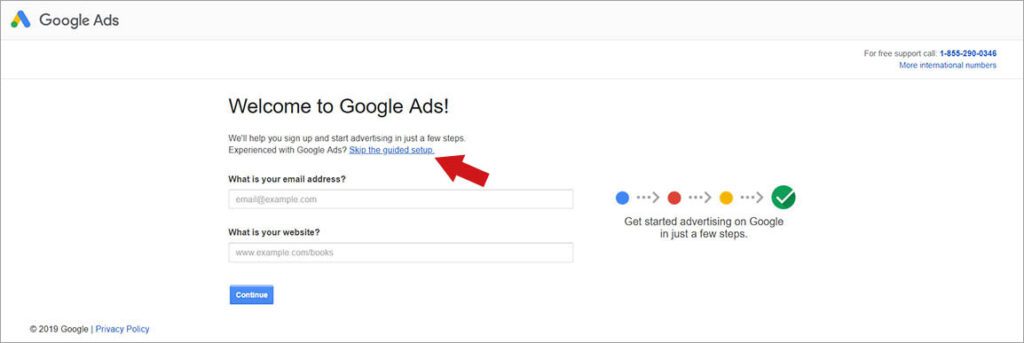 Image of the welcome screen for Google Ads, highlighting the location of the 'Skip the Guided Setup' link.
